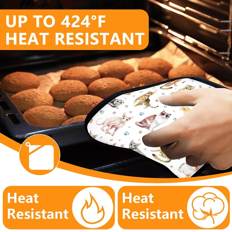 Cute Cats Oven Mitts and Pot Holders Sets 4Pcs,Extra Long