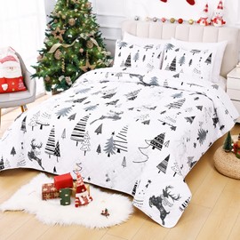 Likiyol 3 Piece Christmas Quilts Queen Size Black White Xmas Tree Reversible Bedding Set Elk Bedspread Coverlet with 2 Pillow Shams, Microfiber Comforter Set for Christmas Decor (90'' x 90'')