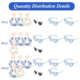 BOUBONI 6 Pcs Satin Bridesmaid Scrunchies 6 Pairs Bachelorette Sunglasses Elastic Bridal Party Hair Ties Ideas Gift Heart Shaped Sunglasses for Wedding Party Bridesmaid Proposal Gifts (Blue, White)