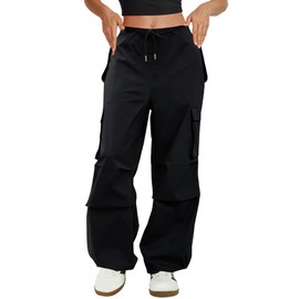 COPYLEAF Cargo Pants Women Low Waisted Parachute Pants with Pockets Loose Baggy Hiking Pants Y2K Clothes Black