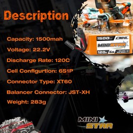 CNHL Ministar Series 1500mAh 22.2V 6S 120C Lipo Battery for Vortex LRC Freestyle V1 RC Boat Heli Airplane UAV Drone FPV Multi-Motor Hobby DIY Parts（2 Packs）