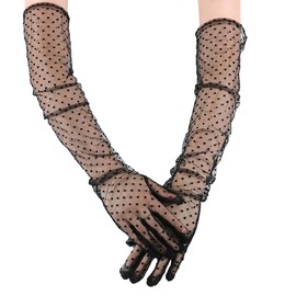 VANTOBEST Womens Black Dot Mesh Gloves Lace Long Gloves Tulle Dot Gloves Tea Party Lace Gloves Long Wedding Gloves for Costume