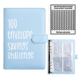 AASLOB 100 Envelopes Money Saving Challenge, 100 Envelope Challenge Binder, Easy and Fun Way to Save $5,050, Savings Challenges Budget Book Binder with Cash Envelopes for Office,Home,School (Blue)