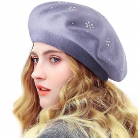 Women Wool Beret Cap Blue Winter Hat with Floral French Style Barette Female