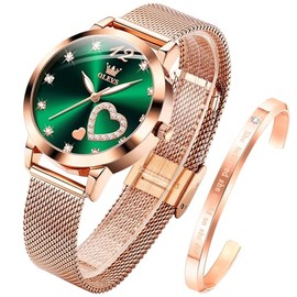OLEVS Women's Rose Gold Watches Heart Diamond Japanese Quartz Movement Ladies Wristwatch Big Face Waterproof Mesh Belt Watch and Bracelet Set Valentines Day Gifts