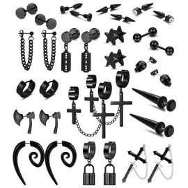 Florideco 16 Pairs Stainless Steel Y2K Punk Earrings Black for Men Women Mens Earrings Skull Cool Emo Goth Chains Jewelry Piercing Dangle Hoop Earrings Stud Set
