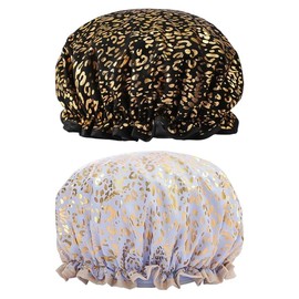 ieron Double Layer Shower Caps, Reusable Bath Cap, Waterproof Elastic Shower Hat Edge Cover for Ears, for Women, Shower, Spa, Salon, 2 Packs, Black and Purple