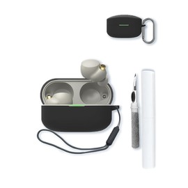 Case for Sony WF-1000XM4 Noise Canceling Truly Wireless Earbud Headphones,Soft Protective,BOVUGAC Silicone Case Cover with Keychain & Cleaning Kit & Lanyard for Sony WF-1000XM4 Earbuds-Black