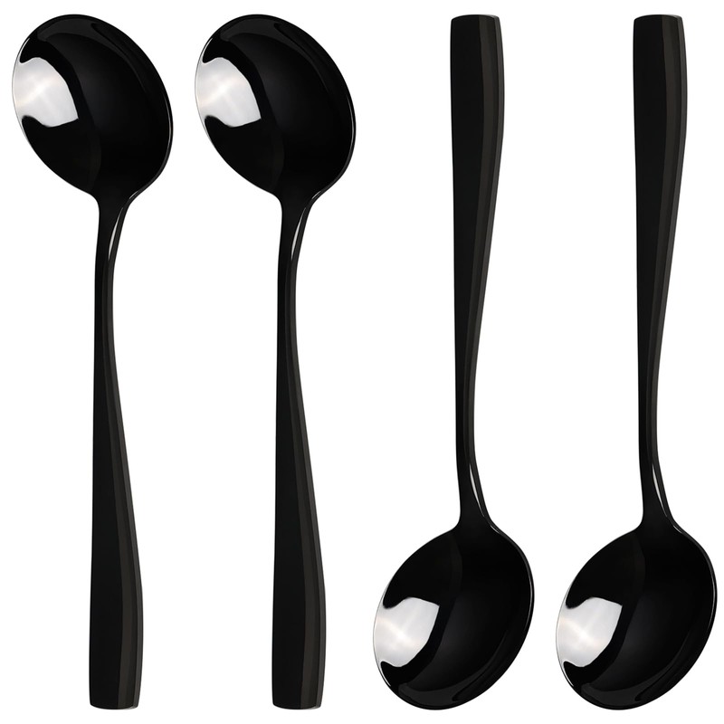 Dehouse 16-Piece Black Soup Spoons - Round Spoon, 7.3 Inch