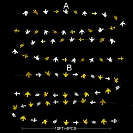 40Ft Gold and White Peace Doves Olive Leaf Cross Paper Garland Streamer for Spring Wedding Bridal Baby Shower Birthday Engagement First Holy Communion Religious Christian Baptism Tea Party Decorations