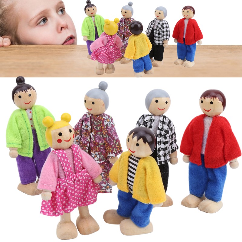 Family Doll Figures Pine Miniature People Toy Set Ornament Educational