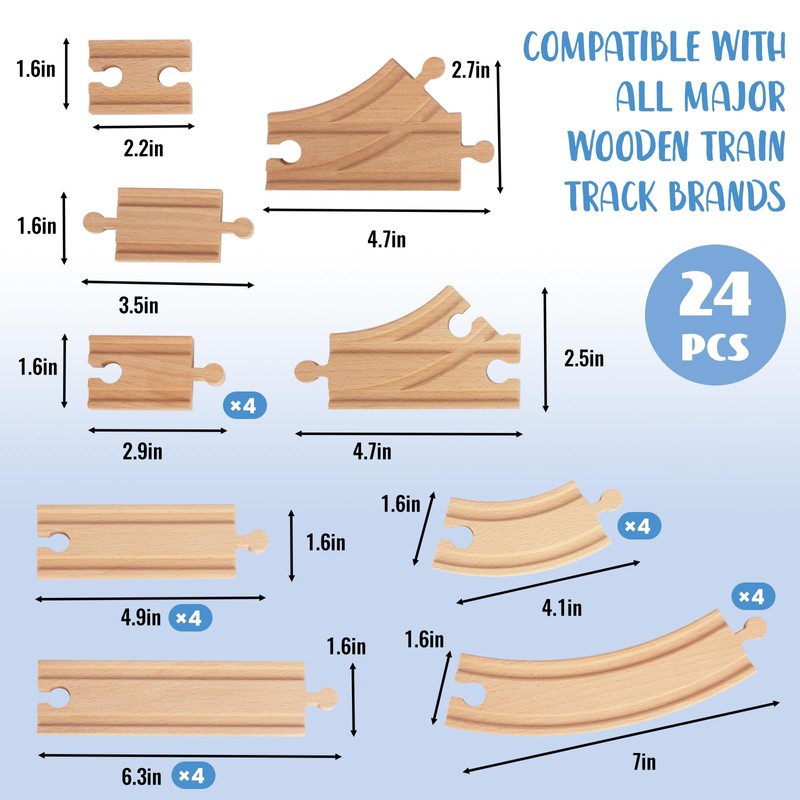 Wooden Train Tracks 24 Piece Set, Track Expansion and 9