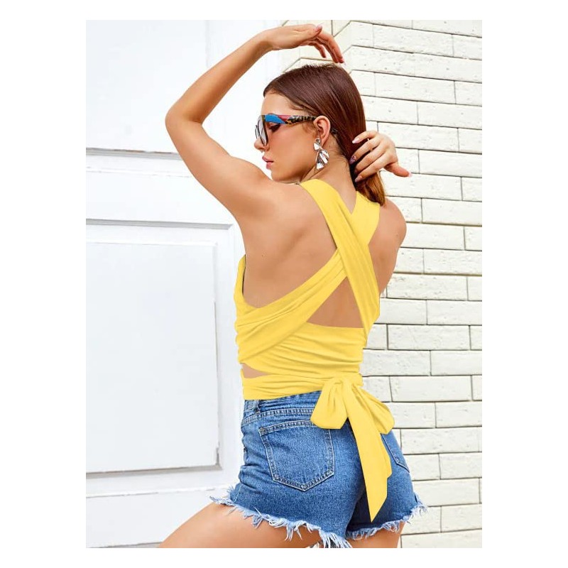 ZAFUL Womens Ribbed Halter Crop Top Ruched Lace-up Cropped Cami