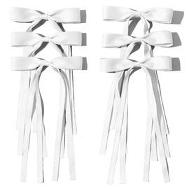 Hair Bows Clips Ribbon Bowknot with Long Tail 6 PCS,Coquette Bow Hair for Girls White Hair Bows Barrettes Hair Accessories Cute Hair Accessories for Women and Teens
