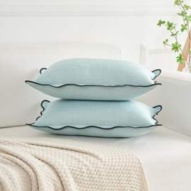 Mayler Yee Scalloped Throw Pillow Covers Set of 2 for Living Room, Soft Cotton & Cozy Linen, Boho Sytle Decorative Home (Blue & Teal, 12x20 Inch)