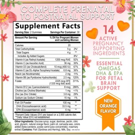 Prenatal Vitamins for Women – Complete Pregnancy Multivitamin - Folic Acid, Omega 3 DHA, Choline, Vitamin D – Essential Support for Mom's & Baby Brain Development - Tasty Orange Flavor - 60 Gummies