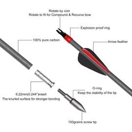 REAWOW 25 Pack 100% Pure Carbon Arrows,0.003" Straightness,Pure Carbon Hunting Arrows for Compound Bow, Spine 350 Professional Standard Hunting Arrows with Removable Tips
