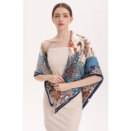 MEISEE 100% Silk Scarf for Women 43”*43” Large Square Lightweight Headscarf Neck Scarf Hair Wraps Shawls with Gift Packed (White + Blue Leaves)