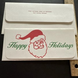 Vtg Christmas Card UNUSED Money Santa Window First National Bank Michigan W/env