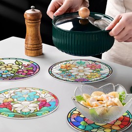 Barfeery 4Pcs DIY Diamond Art Painting Placemat Round Non-Slip Acrylic Table Mats for Table Decor Easy to Use B