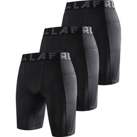 LAFROI YSK09 Men's Quick Dry Cool Compression Fit Tights Shorts Waistband, Pocket Black X3