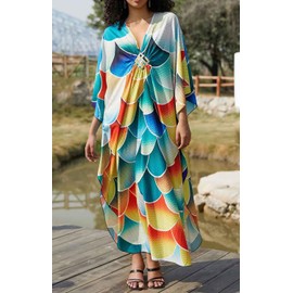 Orshoy Women's Beach Dress Kaftan Dress Summer Swimwear Cover Up Summer Dress Long Maxi Dress Summer V Neck Dress Summer Beach Poncho Bikini Cover Ups, fish scale pattern