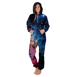 Nawoshow Women Men Long Sleeve Playsuit Adult Onesie Jumpsuit Pajamas (Galaxy B, S/M)