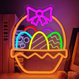 Easter Egg Neon Sign Easter Neon Sign for Wall Decor Dimmable Egg Basket Led Sign Neon Light Sign Decorations Led Light Up Sign for Party Gifts Bedroom Holiday