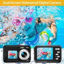 4K Underwater Camera with 64GB Card, 11FT Waterproof Camera Dual-Screen Selfie Underwater Cameras for Snorkeling 16X Digital Zoom Waterproof Digital Camera 2 Batteries (Black)