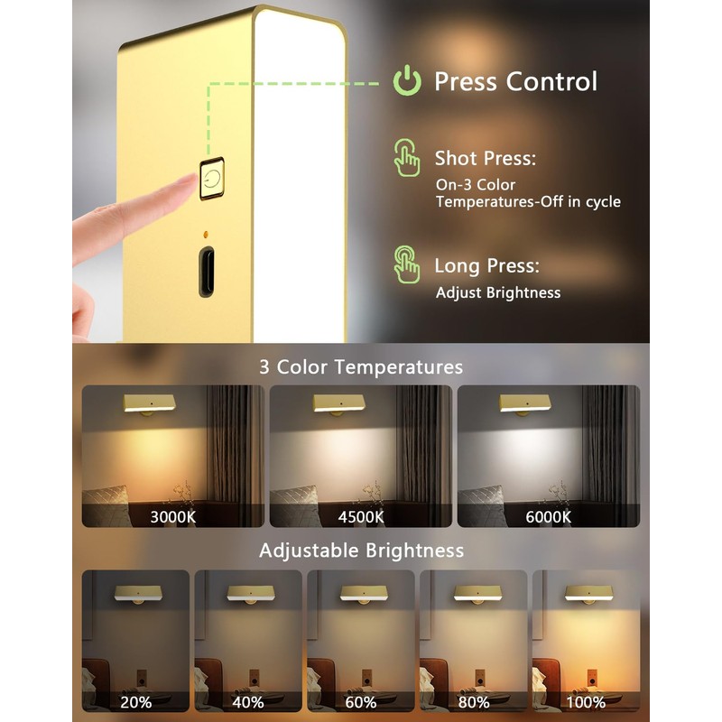Battery Powered Wall Sconce Lights Set of Two: Gold Rechargeable