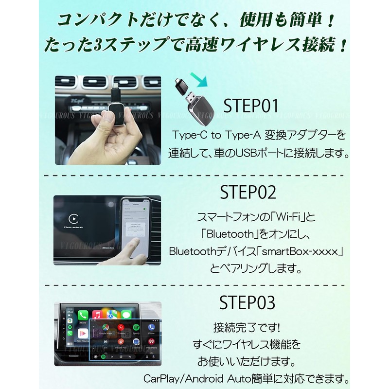 【2025年技適認証済・正規販売品】ワイヤレスアダプター 車用 CarPlay & Android Autoアダプター USB-A&C対応 無線化 コードレス使用・自動接続・Bluetooth/音楽/音声コントロール/GPSナビゲーション 98%以上の車種に対応