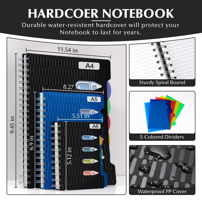CAGIE 5 Subject Notebook with Dividers, 240 Pages Spiral Notebook