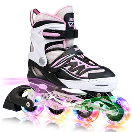 2PM SPORTS Cytia Pink Girls Adjustable Illuminating Inline Skates with Light up Wheels, Fun Flashing Beginner Roller Skates for Kids - Pink Large
