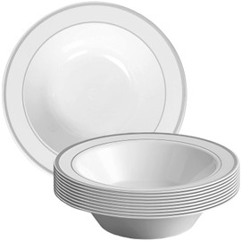 Kaya Elegant White & Silver Rim Disposable Plastic Soup Bowls - 12 oz (Set of 10) - Sturdy & Reusable Dinnerware for Any Occasion