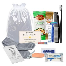 Paquete de cuidado para personas sin hogar (5 unidades) – Kits completos de higiene para personas sin hogar incluye alimentos, calcetines, primeros auxilios y artículos de cuidado personal – Bolsa de