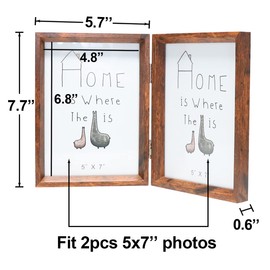 TOFOREVO 5x7 Double Picture Frame Rustic Brown Wooden Hinged Beveled Photo Frame Definition Glass 2 Vertical Openings Stand on Desktop Tabletop