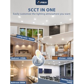 Amico 16 Pack 6 Inch 5CCT Ultra-Thin LED Recessed Ceiling Light with Junction Box, 2700K/3000K/4000K/5000K/6000K Selectable, Dimmable Can Light, 1200LM High Brightness Downlight,15W Eqv 130W,ETL