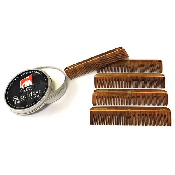 GBS Men's Hair Care Set - Soothfast Hair Control Wax in Tin Travel Container & Pack of 5 Natural Wood Pocket Comb 5" Coarse/Fine Teeth. Easy Styling & Grooming Combo for All Hair Types + Gift Box