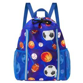 Kids Gym Drawstring Backpack String Bag, Ball Sports Gym Bag for Kids Waterproof Swimming Beach String Cinch Backpack with Two Water Bottle Pocket