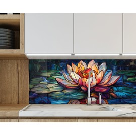 Myphotostation 25Wx18H'' Radiant Lotus Water Lily Backsplash Tempered Glass Backsplash, Glass Splashback For Stove Wall Protector, Cutting Board, Cooker Wall Panel, Stove Back Cover