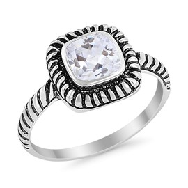 Sterling Silver Size-06 Art Deco Ring 8mm Princess Cut CZ Oxidized Rope Vintage Style Solitaire Ring Statement Wedding Engagement Rings For Women 925 Sterling Silver Gift For Special Occasion