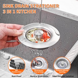 3-in-1 Kitchen Sink Drain Strainer & Sink Stopper 2 Pack - 304 Stainless Steel sink drain strainer, Pop-Up Anti-Clog Design, Fits Standard 3-1/2'' Sink Drains
