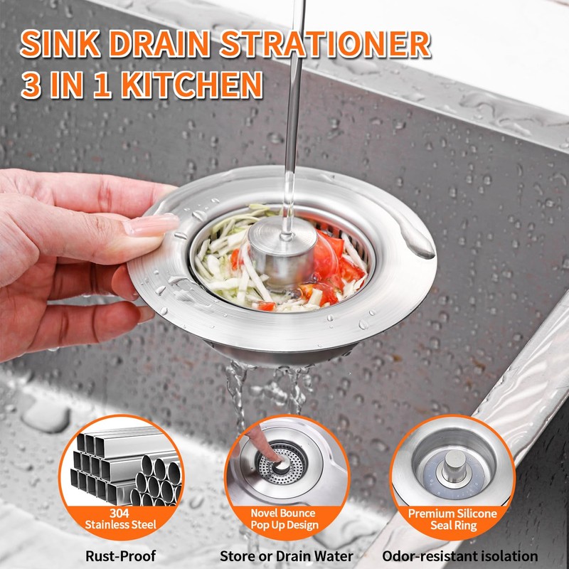 3-in-1 Kitchen Sink Drain Strainer & Sink Stopper 2 Pack