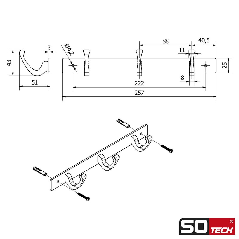 SOTECH Blackline FORTE Coat Rack 257 mm with 3 Hooks