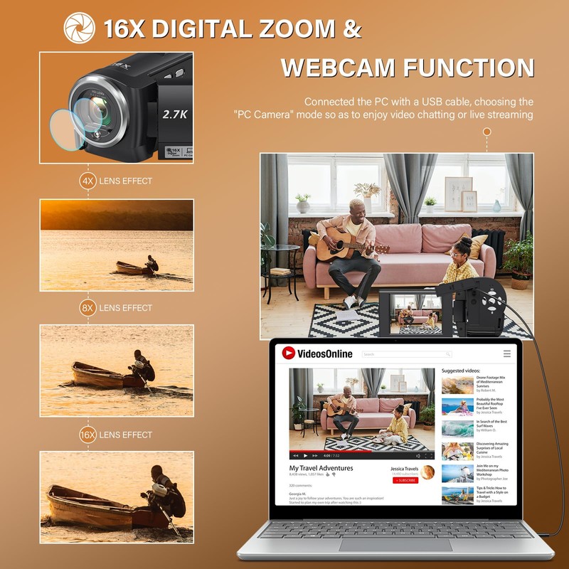 Muitune Camcorder Video Camera QHD 2.7K 56MP 16X Digital Zoom