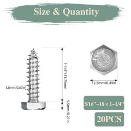 GOHODOMINO 5/16"×1-1/4" Hex Head Lag Screws Bolts 20Pcs, Stainless Steel 304 (18-8), Self Tapping Screws, Hexagon Head Wood Screws