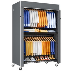 ULIFHOME P8C Heavy Duty Clothes Rack（With Extended Width Design） Rolling Clothing Racks for Hanging Clothes with Lockable Wheels，51.2" W x 15.8" D x 80.5" H，Max Load 700LBS，Black Rack with Grey Cover