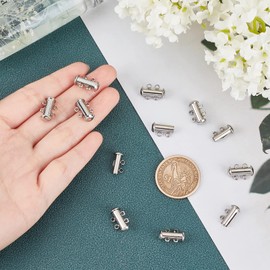 PH PandaHall 10 Sets Stainless Steel Slide Lock Clasps Tube Necklace Multilayer Chain Clasp Connectors 2 Strands Jewelry Clasps for Necklace Bracelet Jewelry Findings 15x10x6.5mm, Hole 1.8mm