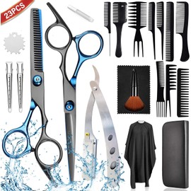 Tijeras Profesional Inoxidable Portátil 23 Piezas Kit, con Capa de Barbero y Peine de Maquinilla de Afeitar, Tijeras de Peluquería para Salón y Uso Doméstico