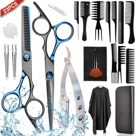 Tijeras Profesional Inoxidable Portátil 23 Piezas Kit, con Capa de Barbero y Peine de Maquinilla de Afeitar, Tijeras de Peluquería para Salón y Uso Doméstico
